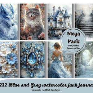 May include: A digital collage of 232 blue and grey watercolor images for junk journaling. The images include a wolf, a cat, a castle, a bridge, flowers, a jewel, a woman in a dress, and a stone archway.