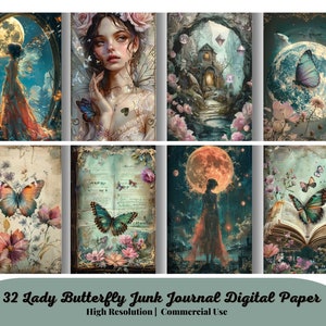 32 Lady Butterfly Junk Journal Kit, Schmetterling verzauberte Welt Collage Printables, Fantasy Kit, Schmetterling und Feen Junk Journal Papier