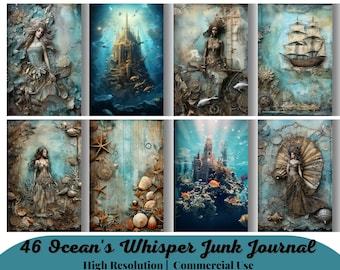 46 Flüstern des Ozeans Junk Journal Kit, Meerjungfrau Digital Papier für Scrapbooking, Meer Digital Papier, Marine Journal Seiten, Unterwasser Seite, JPG