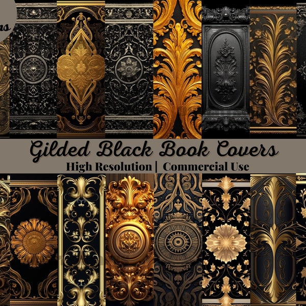 115 Gilded Black Book Covers, Instant download digital sheets for commercial use, printable decorative gilded book covers