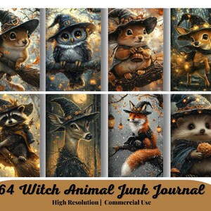 May include: A set of 8 digital printable images featuring various animals wearing witch hats. The animals include a squirrel, owl, fox, deer, raccoon, hedgehog, and two squirrels. The images are perfect for crafting and scrapbooking.