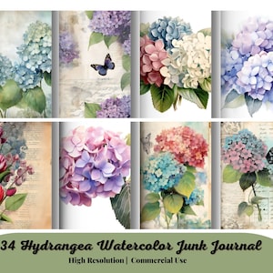 34 Hydrangea Watercolor Junk Journal Kit old background scrapbook paper, junk journal vintage paper