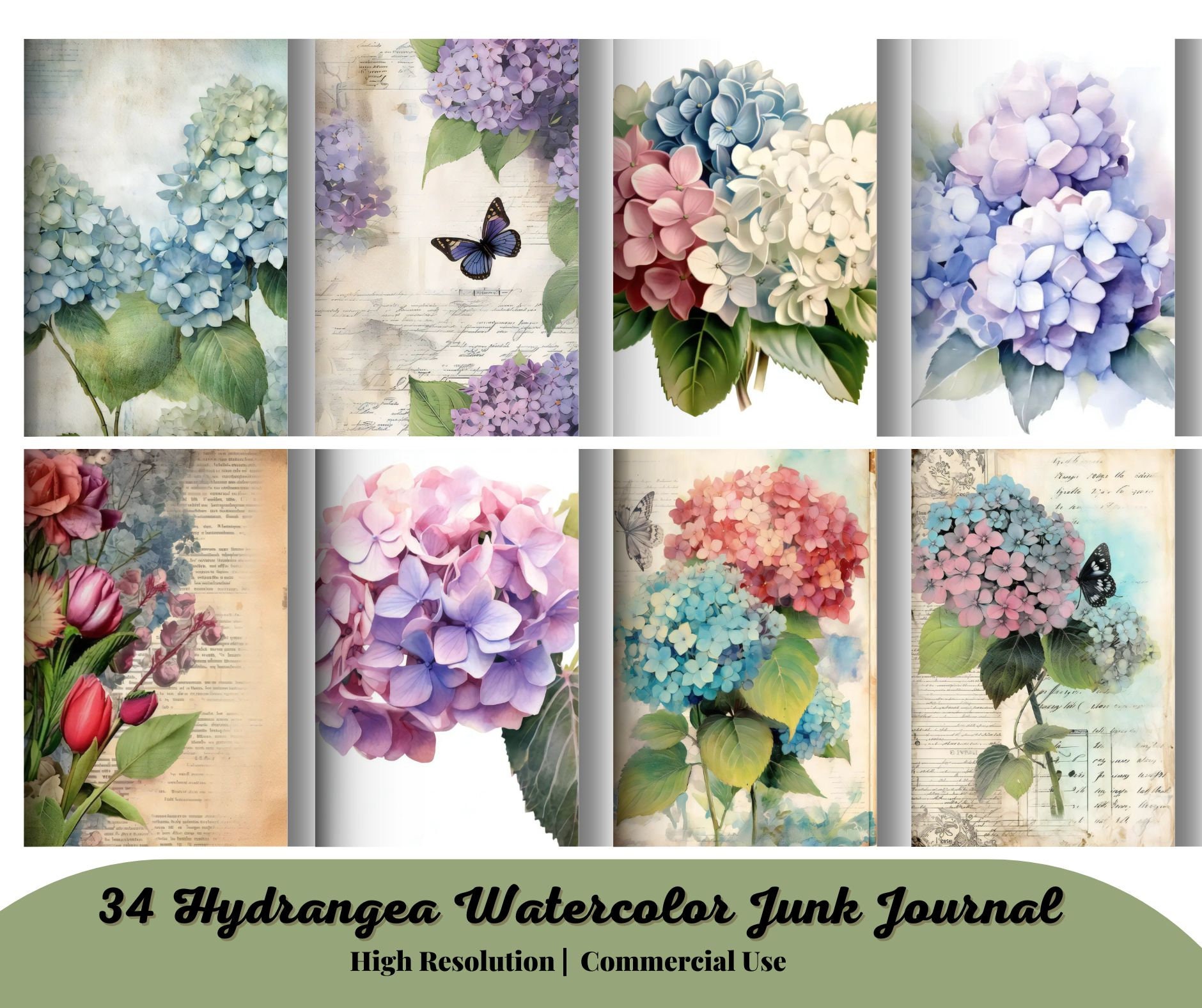 34 Hydrangea Watercolor Junk Journal Kit Old Background Scrapbook Paper ...