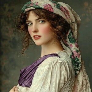 May include: A woman with long brown curly hair wears a white and green floral headscarf with lace trim. She is wearing a white blouse with a purple bodice and a lace trim.