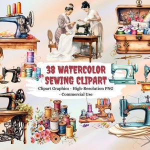 38 Watercolor Sewing Clipart, Sewing Machines Clipart, Instant Download, Commercial Use, Shabby Chic, Vintage, Cottage core, High Quality