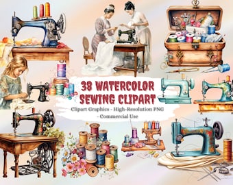 38 Watercolor Sewing Clipart, Sewing Machines Clipart, Instant Download, Commercial Use, Shabby Chic, Vintage, Cottage core, High Quality