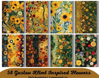 58 Gustav Klimt Inspired Flowers, Klimt Flowers Digital Paper, Seamless Patterns, Commercial Use, Klimt Floral Pattern, High Quality-Vintage