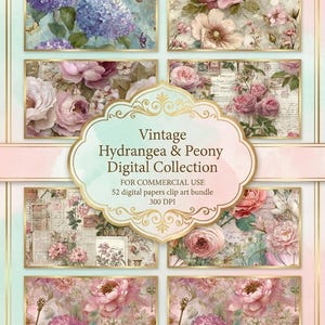 May include: A digital art bundle with vintage floral designs. The collection includes images of hydrangeas, peonies, and butterflies in soft pastel colours. The text on the image reads "Vintage Hydrangea & Peony Digital Collection".