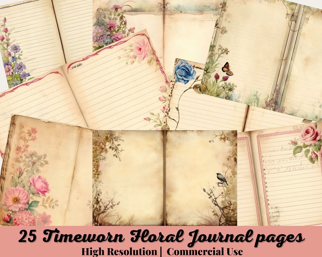 25 Junk Journal, Pages, Timeworn, Floral, Shabby, Pink, Blue, Papers