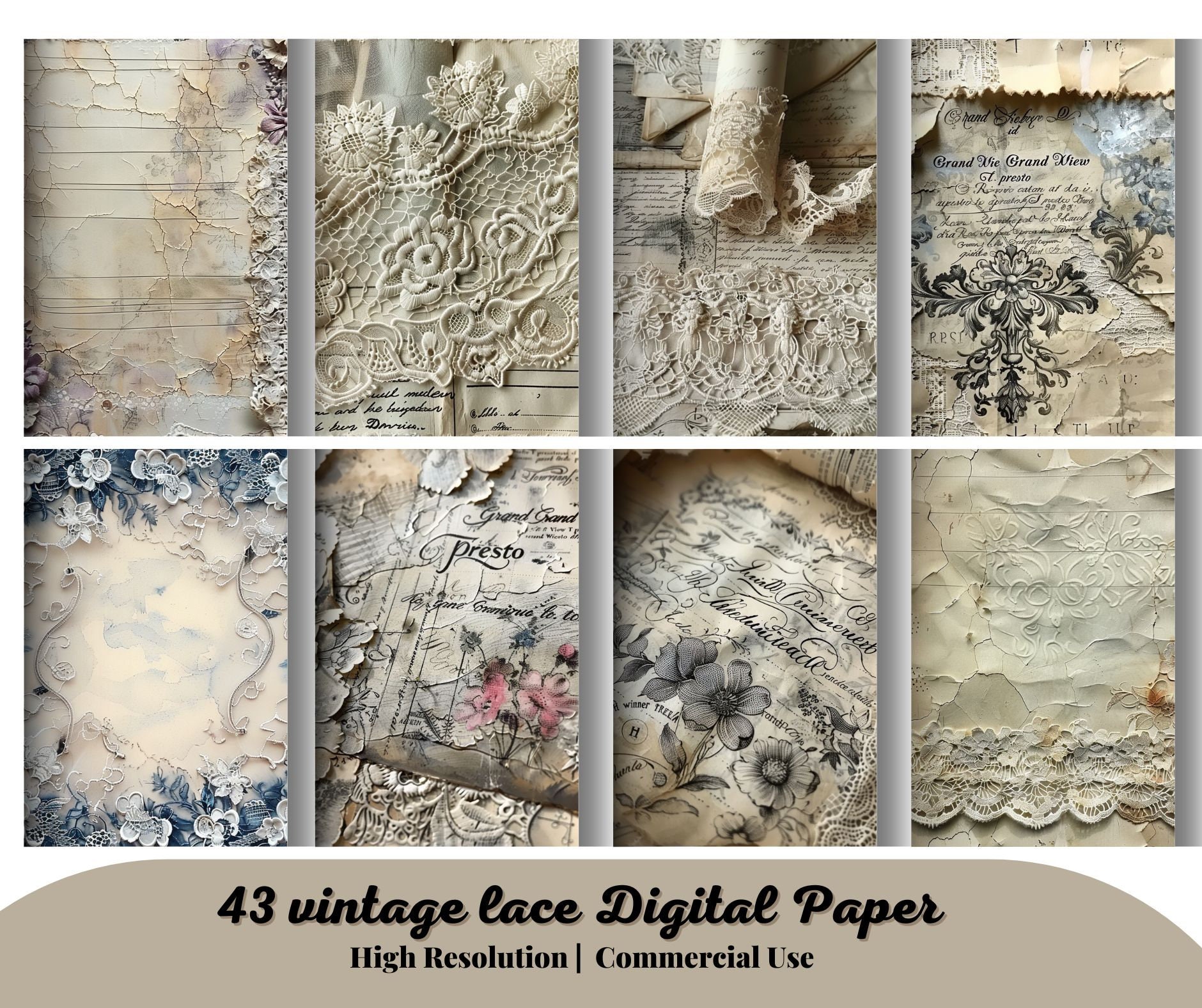 43 Vintage Lace Junk Journal Pages, Digital Grunge Scrapbook Paper ...