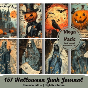 157 Halloween Junk Journal Seiten, Digital Scrapbook Papier Kit, Gothic Printable, Vintage Ephemera, Kürbis Collage Sheet, Grimoire BOS
