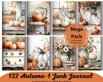 122 Rustic Autumn Junk Journal Kit, Autumn pumpkin Printable Pages, Autumn Scrapbooking Paper, Fall Collage Sheet, Vintage Ephemera, Digital