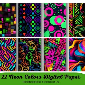 22 Neon Colors digital paper pack, bright colors scrapbook paper, digital background, rainbow paper, 90s colorful papers, instant download