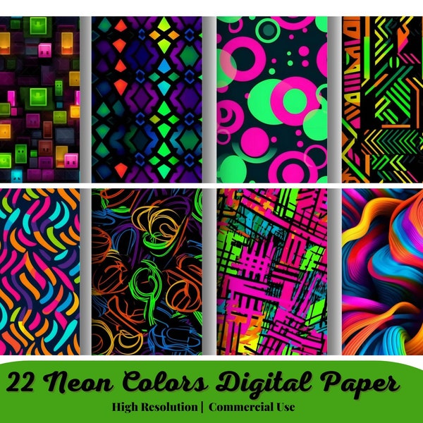 22 Neon Colors digital paper pack, bright colors scrapbook paper, digital background, rainbow paper, 90s colorful papers, instant download