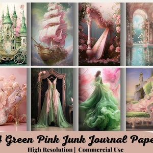 84 Big Bundle, Green Pink Junk Journal Paper, Digital Download, Watercolor, Mixed Media, Pattern, Carriage, Castle, Music, Others