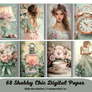 68 páginas etéreas en rosa y salvia con gráficos de estilo shabby chic, papel para álbum de recortes con fondo romántico, papel digital para diario