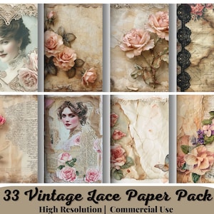 Pode incluir: Uma cole&ccedil;&atilde;o de pap&eacute;is digitais em estilo vintage com retratos antigos, rosas, rendas e texturas de papel envelhecido. Os pap&eacute;is t&ecirc;m uma paleta de cores suaves e suaves com tons s&eacute;pia e detalhes florais. O texto na imagem diz "33 Vintage Lace Paper Pack High Resolution | Commercial Use."
