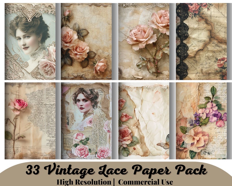 Pode incluir: Uma cole&ccedil;&atilde;o de pap&eacute;is digitais em estilo vintage com retratos antigos, rosas, rendas e texturas de papel envelhecido. Os pap&eacute;is t&ecirc;m uma paleta de cores suaves e suaves com tons s&eacute;pia e detalhes florais. O texto na imagem diz "33 Vintage Lace Paper Pack High Resolution | Commercial Use."