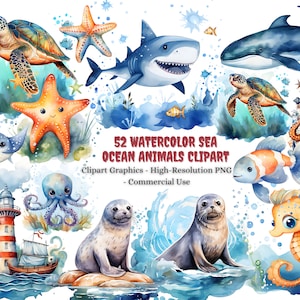 52 Watercolor Sea Ocean Animals Clipart, Cute Decor Bundle For Kids, Marine Creatures, Ocean Nursery, Underwater Sealife, PNG,Commercial use