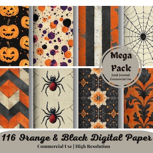116 Vintage Halloween Digital Design Paper,orange & black patterns classic Halloween scrapbook paper aged worn grunge texture skulls spiders