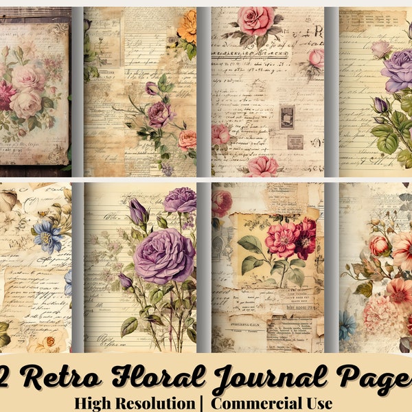 22 retro floral Journal Pages, Junk Journal Kit, Basic Papers, Printable Shabby Pages, Rose Paper Vintage, Collage sheet, Scrapbook Paper