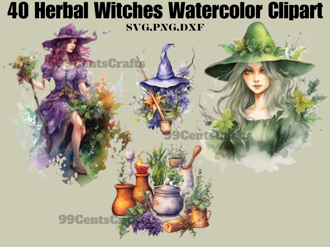 40 Herbal Witches Watercolor Clipart Bundle PNG Fairytale - Etsy