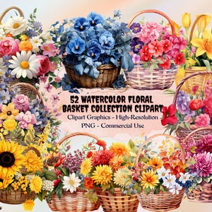 52 水彩花かごコレクション クリップアート、PNG 花のクリップアート、花の入ったバスケット クリップアート、花かご クリップアート、商用利用