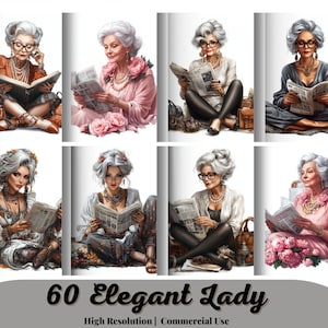 60 Elegante alte Dame Clipart, moderne Clipart Oma, ältere Menschen, digitaler Download, Junk Journal, digitales Papierhandwerk, Dateien für Tassen