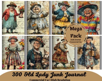 300 Whimsical Old Lady Junk Journal Pages, Funny Quirky Old Woman, Half Digital Pages, High Quality, Instant Download, Digital Paper