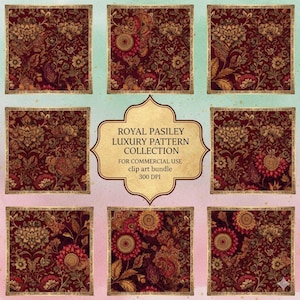 Puede incluir: Colección de nueve impresiones de arte digital cuadradas con un rico y ornamentado patrón paisley en tonos burdeos, dorado y verde oliva. Las impresiones están enmarcadas con un borde dorado. El texto central dice "ROYAL PASILEY LUXURY PATTERN COLLECTION".
