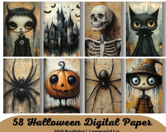 Può includere: Un set di 8 carte digitali con illustrazioni di Halloween inquietanti. Le carte includono un gatto nero, un ragno, una zucca, uno scheletro, un castello infestato e una ragazza con le corna.