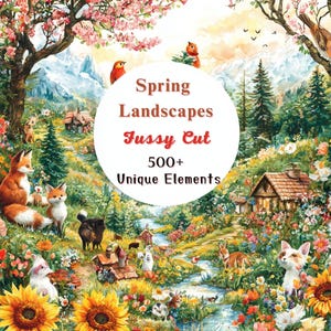 Frühlingslandschaften Aquarell Fussy Schnitt Bundle, Natur Landschaft Bilder, Malerische Grafiken, sofort digitaler Download, kommerzielle Nutzung