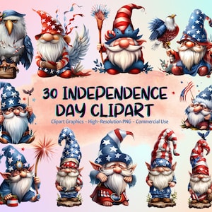 30 cliparts du jour de l'indépendance, lot de cliparts Gnome du 4 juillet, graphiques du 4 juillet, sublimation du 4 juillet, sublimation du jour de l'indépendance