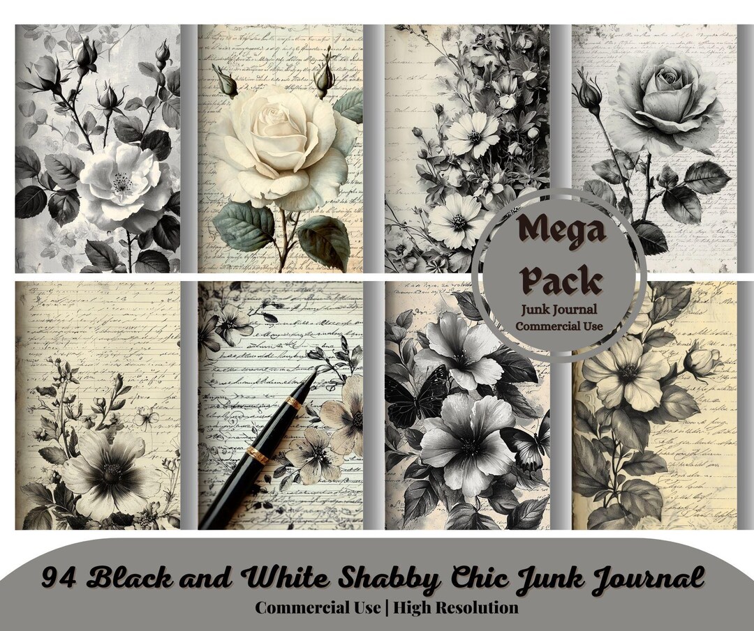 Black and White Shabby Chic Junk Journal Kit, Vintage Shabby Ephemera ...