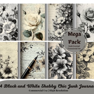 Kit de carnet de bord noir et blanc shabby chic, collage éphémère minable vintage, papier de scrapbooking romantique, carte numérique imprimable roses florales