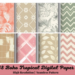 Puede incluir: Conjunto de 8 patrones de papel digital en estilo boho tropical. Los patrones incluyen diseños florales, geométricos y abstractos en tonos de rosa, verde, marrón y blanco.
