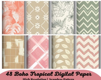 May include: Set of 8 digital paper patterns in a boho tropical style. The patterns include floral, geometric, and abstract designs in shades of pink, green, brown, and white.