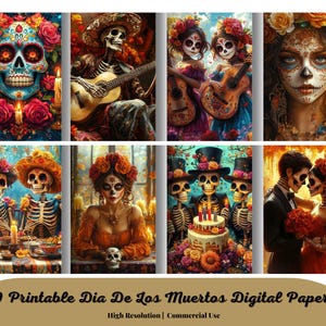Druckbare Dia De Los Muertos Digital Papier, Tag der Toten Hintergrund, La Catrina Sugar Skulls Seiten, Download Junk Journal, Scrapbooking