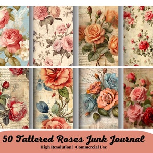 50 Tattered Roses Junk Journal Papers, Shabby Chic, Shabby Roses, Printable, Scrapbooking, Vintage Ephemera, Digital Download