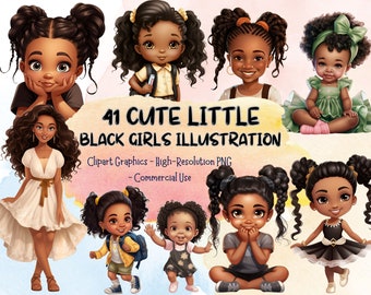 41 jolies petites filles noires illustration, paquet PNG, tresses, nattes, princesse magique clipart, utilisation commerciale afro enfants imprime t-shirt
