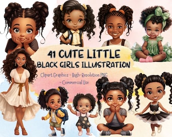 41 Cute Little Black Girls Illustration, PNG Bundle, Braids, Pigtails, Magic ClipArt Princess, Commercial Use Afro Kids Prints T-shirt