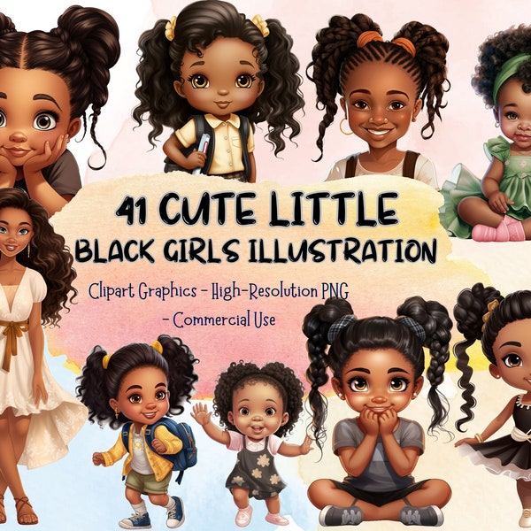 41 Cute Little Black Girls Illustration, PNG Bundle, Braids, Pigtails, Magic ClipArt Princess, Commercial Use Afro Kids Prints T-shirt