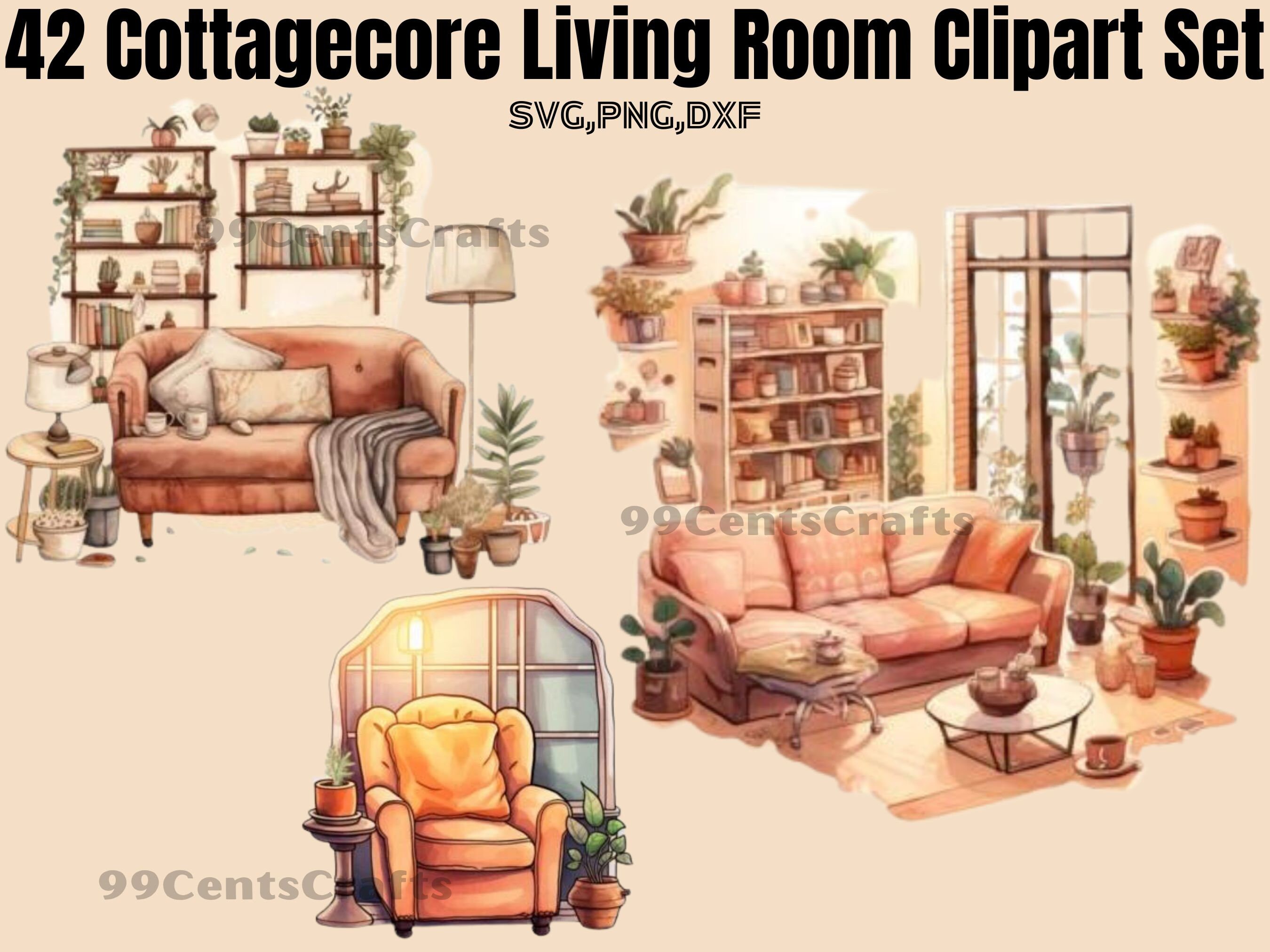 42 Cottage Core Living Room Clipart Set for Creative Projects - Etsy