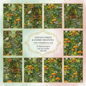 May include: A digital art bundle featuring fantasy forest scenes with mushrooms, stone steps, and gnome homes. The artwork includes a variety of green foliage, white flowers, and orange-capped mushrooms. The text reads "FANTASY FOREST & GNOME CREATIONS".