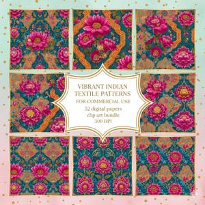 May include: A collection of vibrant Indian textile patterns featuring floral designs in shades of pink, teal, and gold. The image includes a central graphic with the text "VIBRANT INDIAN TEXTILE PATTERNS FOR COMMERCIAL USE".
