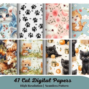 May include: A set of 47 digital papers featuring cute cats in various poses and settings. The papers are seamless and high resolution, perfect for crafting and scrapbooking projects.