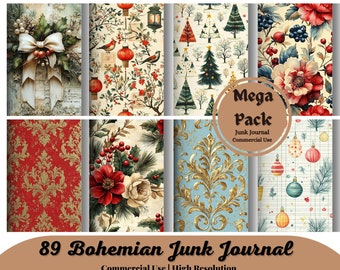 89 Page Bohemian Christmas Junk Journal Kit, Junk Journal Printable, Christmas Journal, Christmas Scrapbook, Christmas Tags, Ephemera