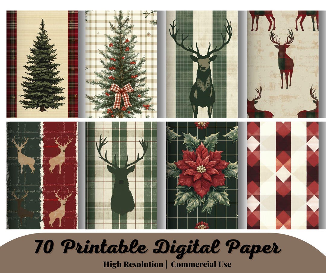 70 Christmas Time, Traditional , Woodland, Printable Digital Paper Pack