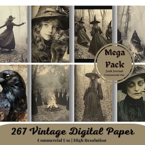 May include: A digital paper pack with a collage of vintage images featuring witches, crows, and a forest setting. The text "Mega Pack Junk Journal Commercial Use" and "267 Vintage Digital Paper Commercial Use | High Resolution" is included in the image.