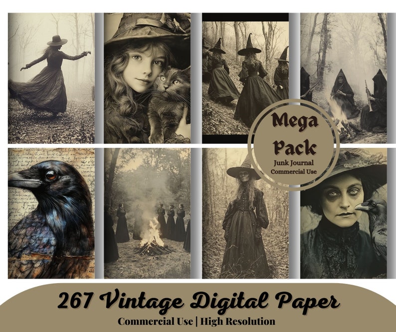 May include: A digital paper pack with a collage of vintage images featuring witches, crows, and a forest setting. The text "Mega Pack Junk Journal Commercial Use" and "267 Vintage Digital Paper Commercial Use | High Resolution" is included in the image.